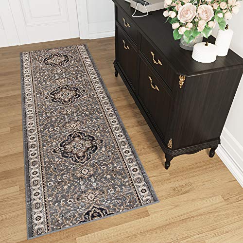 TAPISO Colorado Läufer Teppich Brücke Klassisch Kurzflor Orientalisch Grau Creme Floral Ornament Traditionell Muster Flur ÖKOTEX 80 x 240 cm von TAPISO