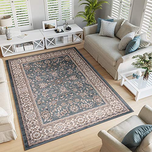 TAPISO Colorado Teppich Wohnzimmer Klassisch Kurzflor Orientalisch Hellblau Verwischt Beige Floral Ziegler Ornament Muster Orientteppich ÖKOTEX 120 x 170 cm von TAPISO