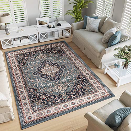 TAPISO Colorado Teppich Wohnzimmer Klassisch Kurzflor Orientalisch Blau Creme Schwarz Medaillon Ornament Muster Orientteppich ÖKOTEX 250 x 350 cm von TAPISO