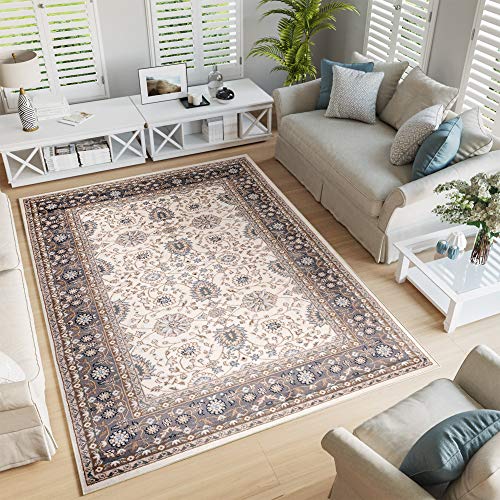 TAPISO Colorado Teppich Wohnzimmer Klassisch Kurzflor Orientalisch Creme Beige Grau Floral Ziegler Ornament Muster Orientteppich ÖKOTEX 60 x 100 cm von TAPISO