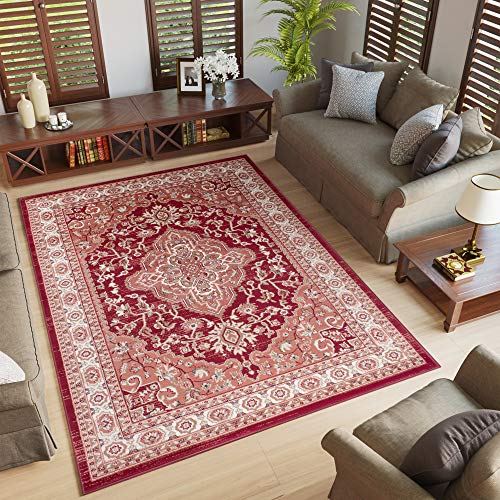 TAPISO Colorado Teppich Wohnzimmer Klassisch Kurzflor Rot Creme Floral Medaillon Ornament Muster Traditionell Orientteppich ÖKOTEX 200 x 300 cm von TAPISO