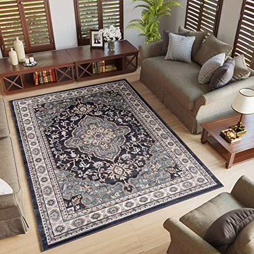 TAPISO Colorado Teppich Wohnzimmer Klassisch Kurzflor Schwarz Blau Creme Floral Medaillon Ornament Muster Orientteppich ÖKOTEX 200 x 300 cm von TAPISO