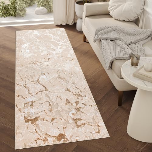 TAPISO Crystal Läufer Teppich Glänzend Beige Gold Creme Marmoreffekt Abstrakt Wohnzimmer Schlafzimmer Flur Korridor Modern Design ÖKO-TEX 80 x 300 cm von TAPISO