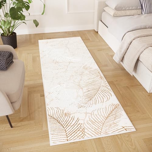 TAPISO Crystal Läufer Teppich Glänzend Gold Beige Braun Blätter Palmenblätter Wohnzimmer Schlafzimmer Flur Korridor Modern Design ÖKO-TEX 70 x 100 cm von TAPISO