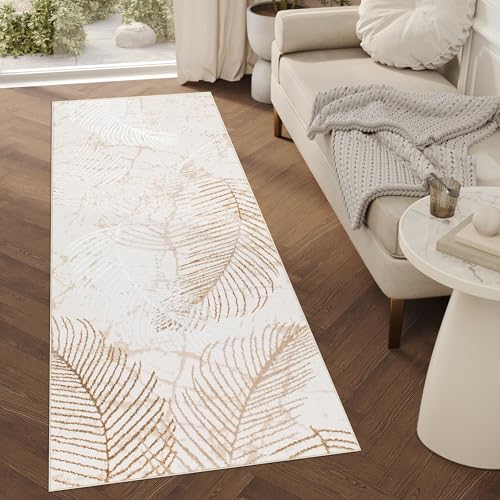 TAPISO Crystal Läufer Teppich Glänzend Gold Beige Braun Blätter Palmenblätter Wohnzimmer Schlafzimmer Flur Korridor Modern Design ÖKO-TEX 80 x 150 cm von TAPISO