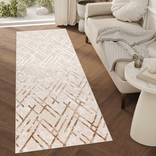 TAPISO Crystal Läufer Teppich Glänzend Gold Beige Creme Linien Figuren Zigzag Wohnzimmer Schlafzimmer Flur Korridor Modern Design ÖKO-TEX 120 x 100 cm von TAPISO