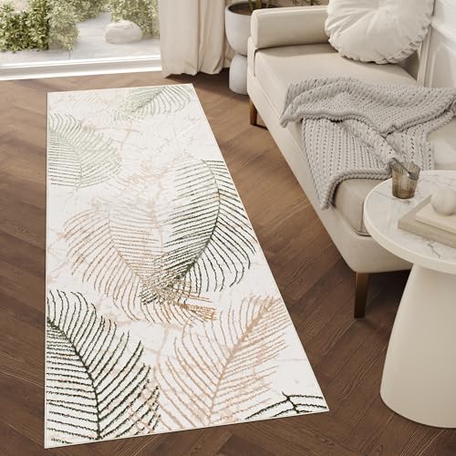 TAPISO Crystal Läufer Teppich Glänzend Gold Beige Grün Blätter Palmenblätter Wohnzimmer Schlafzimmer Flur Korridor Modern Design ÖKO-TEX 80 x 310 cm von TAPISO