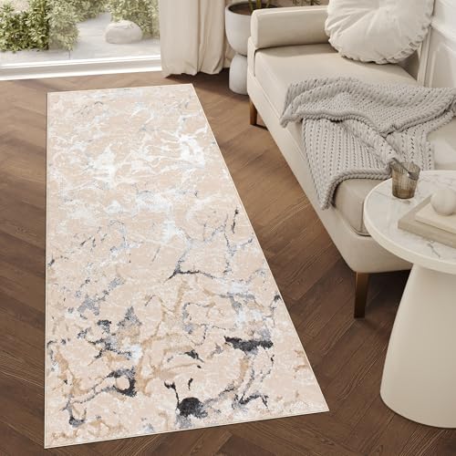 TAPISO Crystal Läufer Teppich Glänzend Grau Gold Creme Marmoreffekt Abstrakt Wohnzimmer Schlafzimmer Flur Korridor Modern Design ÖKO-TEX 100 x 400 cm von TAPISO