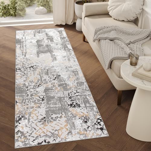 TAPISO Crystal Läufer Teppich Glänzend Grau Weiß Creme Abstraktes Muster Flecken Wohnzimmer Schlafzimmer Flur Korridor Modern Design ÖKO-TEX 70 x 190 cm von TAPISO