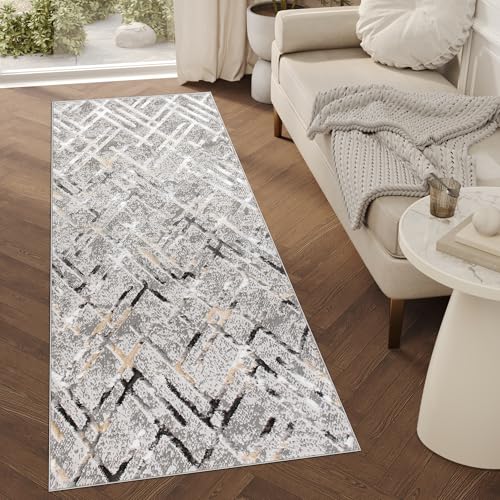 TAPISO Crystal Läufer Teppich Glänzend Hellgrau Schwarz Beige Abstrakt Zigzag Wohnzimmer Schlafzimmer Flur Korridor Modern Design ÖKO-TEX 70 x 550 cm von TAPISO