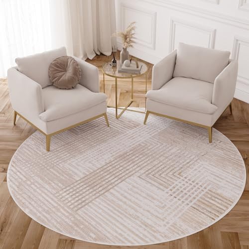 TAPISO Crystal Rund Teppich Kurzflor Glänzend Beige Braun Weiß Streifen Geometrisch 3D Effekt Wohnzimmer Schlafzimmer Modern Design ÖKO-TEX 100 x 100 cm von TAPISO