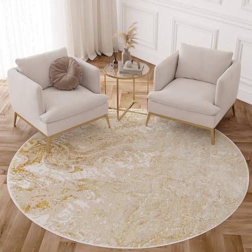 TAPISO Crystal Rund Teppich Kurzflor Glänzend Beige Gold Marmoreffekt 3D Effekt Wohnzimmer Schlafzimmer Modern Design ÖKO-TEX 240 x 240 cm von TAPISO