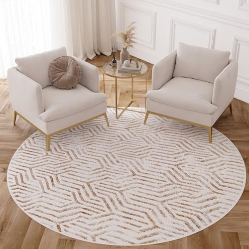 TAPISO Crystal Rund Teppich Kurzflor Glänzend Braun Creme Beige Geometrisch Linien 3D Effekt Wohnzimmer Schlafzimmer Moderner Design ÖKO-TEX 200 x 200 cm von TAPISO