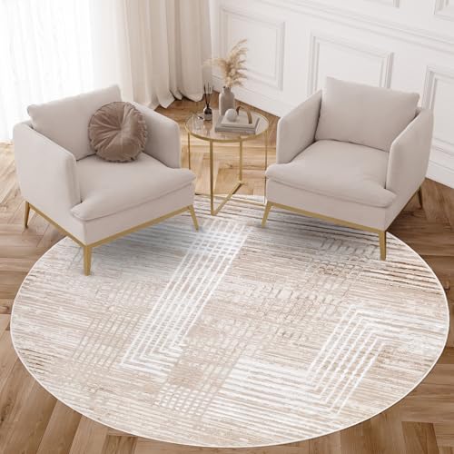 TAPISO Crystal Rund Teppich Kurzflor Glänzend Braun Creme Weiß Streifen Geometrisch 3D Effekt Wohnzimmer Schlafzimmer Modern Design ÖKO-TEX 80 x 80 cm von TAPISO