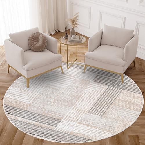 TAPISO Crystal Rund Teppich Kurzflor Glänzend Dunkelgrau Hellgrau Weiß Beige Streifen 3D Effekt Wohnzimmer Schlafzimmer Modern Design ÖKO-TEX 100 x 100 cm von TAPISO
