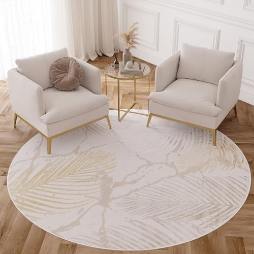 TAPISO Crystal Rund Teppich Kurzflor Glänzend Gold Weiß Creme Palmenblätter Feder 3D Effekt Wohnzimmer Schlafzimmer Modern Design ÖKO-TEX 160 x 160 cm von TAPISO