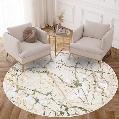 TAPISO Crystal Rund Teppich Kurzflor Glänzend Hellgrün Gold Creme Weiß Marmor Verwischt 3D Effekt Wohnzimmer Schlafzimmer Modern Design ÖKO-TEX 160 x 160 cm von TAPISO