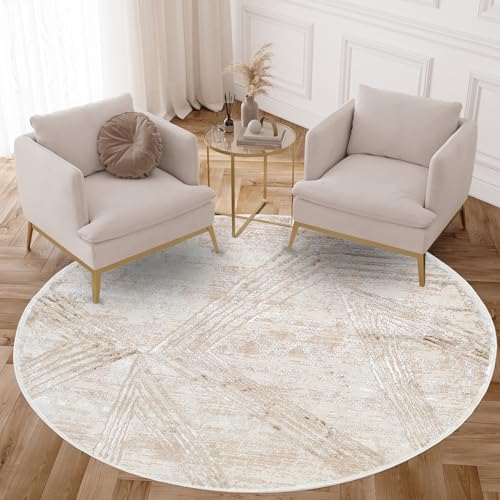 TAPISO Crystal Rund Teppich Wohnzimmer Kurzflor Creme Braun Modern Linien Design Verwischt Muster Glänzend 3D Effekt Schlafzimmer Flur ÖKO-TEX 240 x 240 cm von TAPISO