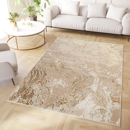 TAPISO Crystal Teppich Kurzflor Glänzend Beige Gold Marmoreffekt 3D Effekt Wohnzimmer Schlafzimmer Modern Design ÖKO-TEX 160 x 220 cm von TAPISO