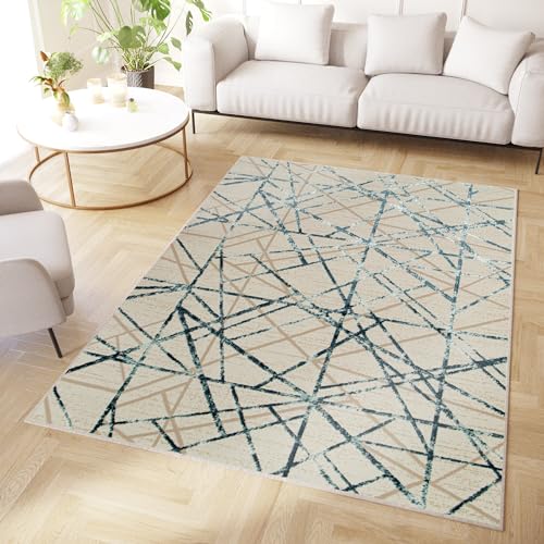 TAPISO Crystal Teppich Kurzflor Glänzend Blau Beige Geometrisch Linien Abstrakt 3D Effekt Wohnzimmer Schlafzimmer Modern Design ÖKO-TEX 160 x 220 cm von TAPISO