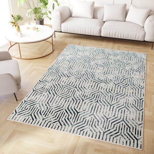 TAPISO Crystal Teppich Kurzflor Glänzend Blau Weiß Geometrisch Linien 3D Effekt Wohnzimmer Schlafzimmer Modern Design ÖKO-TEX 120 x 170 cm von TAPISO