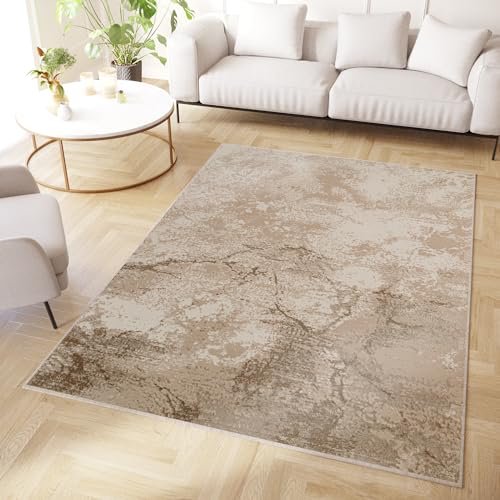 TAPISO Crystal Teppich Kurzflor Glänzend Braun Beige Marmoreffekt 3D Effekt Wohnzimmer Schlafzimmer Modern Design ÖKO-TEX 140 x 200 cm von TAPISO