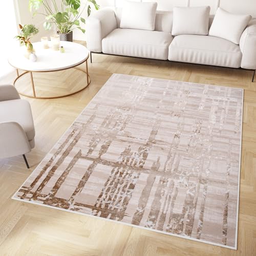 TAPISO Crystal Teppich Kurzflor Glänzend Braun Beige Streifen Abstrakt 3D Effekt Wohnzimmer Schlafzimmer Modern Design ÖKO-TEX 200 x 300 cm von TAPISO