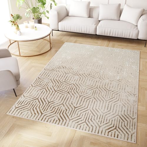 TAPISO Crystal Teppich Kurzflor Glänzend Braun Creme Beige Geometrisch Linien 3D Effekt Wohnzimmer Schlafzimmer Moderner Design ÖKO-TEX 80 x 150 cm von TAPISO