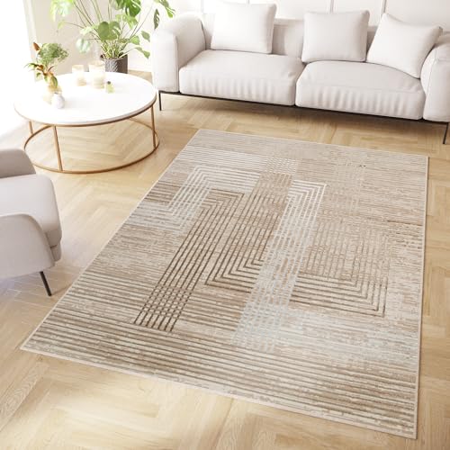 TAPISO Crystal Teppich Kurzflor Glänzend Braun Creme Weiß Streifen Geometrisch 3D Effekt Wohnzimmer Schlafzimmer Modern Design ÖKO-TEX 180 x 250 cm von TAPISO