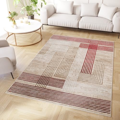 TAPISO Crystal Teppich Kurzflor Glänzend Burgund Beige Weiß Streifen Geometrisch 3D Effekt Wohnzimmer Schlafzimmer Modern Design ÖKO-TEX 300 x 400 cm von TAPISO
