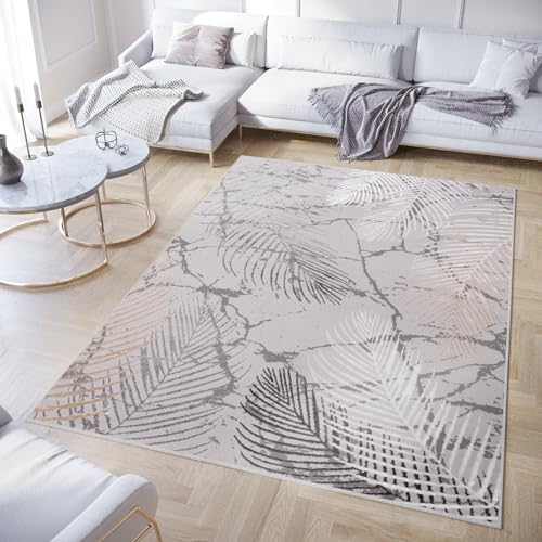 TAPISO Crystal Teppich Kurzflor Glänzend Dunkelgrau Gold Weiß Palmenblätter Feder 3D Effekt Wohnzimmer Schlafzimmer Modern Design ÖKO-TEX 180 x 250 cm von TAPISO