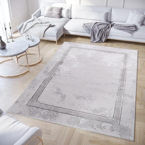 TAPISO Crystal Teppich Kurzflor Glänzend Dunkelgrau Grau Rahmen Streifen Flecken 3D Effekt Wohnzimmer Schlafzimmer Modern Design ÖKO-TEX 250 x 350 cm von TAPISO