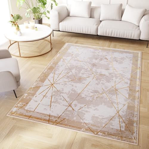 TAPISO Crystal Teppich Kurzflor Glänzend Gold Beige Rahmen Streifen Geometrisch 3D Effekt Wohnzimmer Schlafzimmer Modern Design ÖKO-TEX 120 x 170 cm von TAPISO