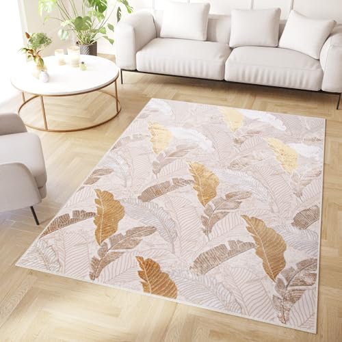 TAPISO Crystal Teppich Kurzflor Glänzend Gold Braun Beige Vogelfeder 3D Effekt Wohnzimmer Schlafzimmer Modern Design ÖKO-TEX 120 x 170 cm von TAPISO