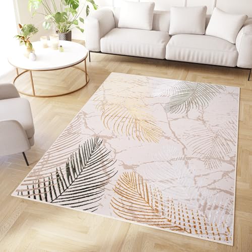 TAPISO Crystal Teppich Kurzflor Glänzend Gold Braun Creme Palmenblätter Feder 3D Effekt Wohnzimmer Schlafzimmer Modern Design ÖKO-TEX 200 x 300 cm von TAPISO