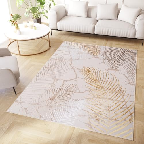 TAPISO Crystal Teppich Kurzflor Glänzend Gold Weiß Creme Palmenblätter Feder 3D Effekt Wohnzimmer Schlafzimmer Modern Design ÖKO-TEX 250 x 350 cm von TAPISO