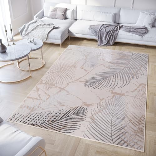 TAPISO Crystal Teppich Kurzflor Glänzend Grau Weiß Gold Palmenblätter Feder 3D Effekt Wohnzimmer Schlafzimmer Modern Design ÖKO-TEX 200 x 300 cm von TAPISO