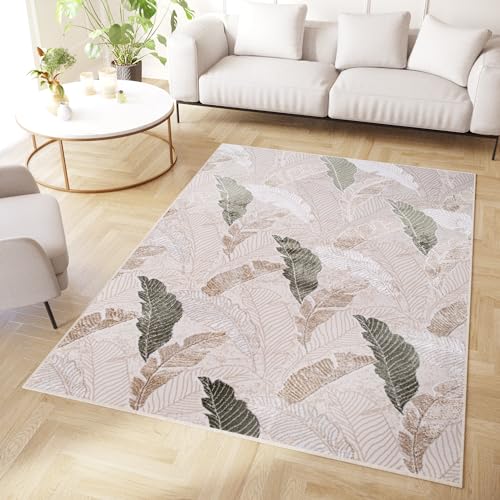 TAPISO Crystal Teppich Kurzflor Glänzend Grün Braun Beige Weiß Vogelfeder 3D Effekt Wohnzimmer Schlafzimmer Modern Design ÖKO-TEX 200 x 300 cm von TAPISO