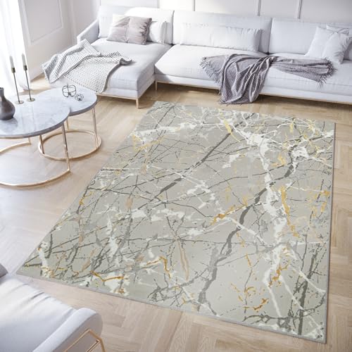 TAPISO Crystal Teppich Kurzflor Glänzend Hellgrau Gold Weiß Marmor Verwischt 3D Effekt Wohnzimmer Schlafzimmer Modern Design ÖKO-TEX 80 x 150 cm von TAPISO