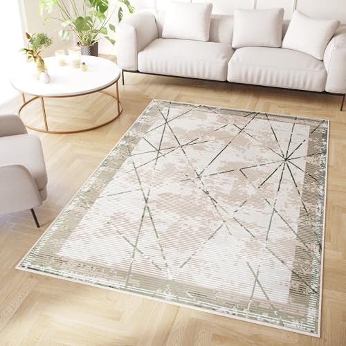 TAPISO Crystal Teppich Kurzflor Glänzend Hellgrün Beige Rahmen Streifen Geometrisch 3D Effekt Wohnzimmer Schlafzimmer Modern Design ÖKO-TEX 250 x 350 cm von TAPISO