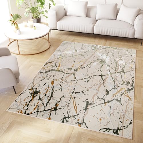 TAPISO Crystal Teppich Kurzflor Glänzend Hellgrün Gold Creme Weiß Marmor Verwischt 3D Effekt Wohnzimmer Schlafzimmer Modern Design ÖKO-TEX 160 x 220 cm von TAPISO