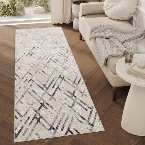 TAPISO Crystal Teppich Läufer Glänzend Grau Beige Schwarz Modern Gitter Verwischt Muster Wohnzimmer Schlafzimmer Flur Eingang ÖKO-TEX 70 x 110 cm von TAPISO