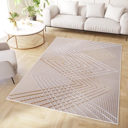 TAPISO Crystal Teppich Wohnzimmer Kurzflor Gold Beige Weiß Zigzag Cut-Loop Glanz Effekt 3D Effekt Schlafzimmer Modern Design ÖKO-TEX 140 x 200 cm von TAPISO