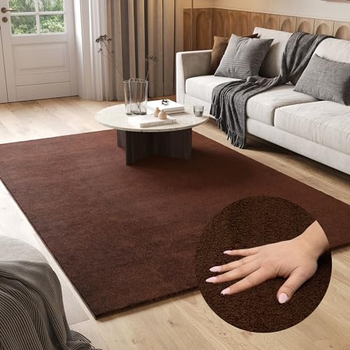 TAPISO Cuddle Teppich Hochflor Langflor Braun Dunkelbraun Shaggy Einfarbig rutschfest Waschbar Wohnzimmer Schlafzimmer Kinderzimmer ÖKOTEX 140 x 200 cm von TAPISO