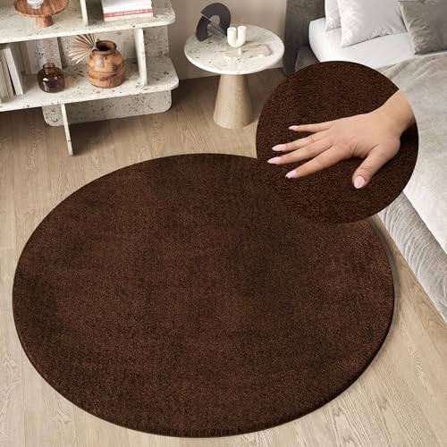 TAPISO Cuddle Teppich Rund Hochflor Braun Langflor Shaggy Einfarbig rutschfest Weich Waschbar Wohnzimmer Schlafzimmer Kinderzimmer ÖKOTEX 160 x 160 cm von TAPISO