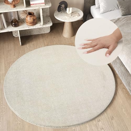 TAPISO Cuddle Teppich Rund Hochflor Creme Langflor Shaggy Einfarbig rutschfest Weich Waschbar Wohnzimmer Schlafzimmer Kinderzimmer ÖKOTEX 160 x 160 cm von TAPISO