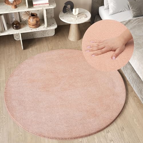 TAPISO Cuddle Teppich Rund Hochflor Rosa Lachsfarbe Langflor Shaggy rutschfest Waschbar Wohnzimmer Schlafzimmer Kinderzimmer ÖKOTEX 80 x 80 cm von TAPISO