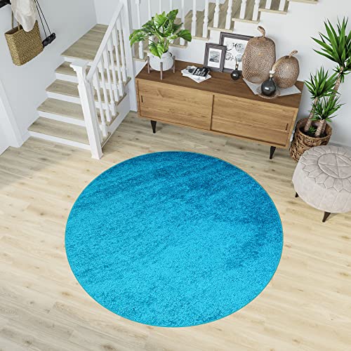 TAPISO Delhi Rund Teppich Shaggy Hochflor Langfloorteppich Türkis Einfarbig Wohnimmer Schlafzimmer Modern Design ÖKOTEX 200 x 200 cm von TAPISO