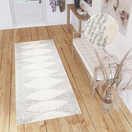 TAPISO Delhi Teppich Läufer Hochflor Shaggy Geometrisch Creme Hellgrau Figuren Geometrisch Weich Flauschig Ethno Design Modern Wohnzimmer Schlafzimmer Flur 80 x 200 cm von TAPISO