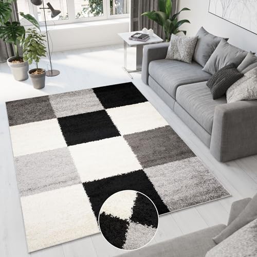 TAPISO Delhi Teppich Shaggy Hochflor Langfloorteppich Grau Schwarz Creme Quadrate Schachbrett Wohnzimmer Schlafzimmer Modern Design ÖKOTEX 60 x 100 cm von TAPISO